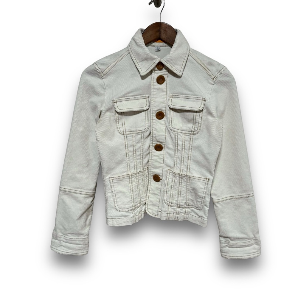 Anthropology Tulle White Denim Utility Jacket with Brown Buttons